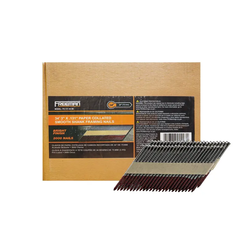 34° Bright Smooth Shank Framing Nails (.131" X 3"–3-1/4") – Paper-Collated, 2000-Pack 1