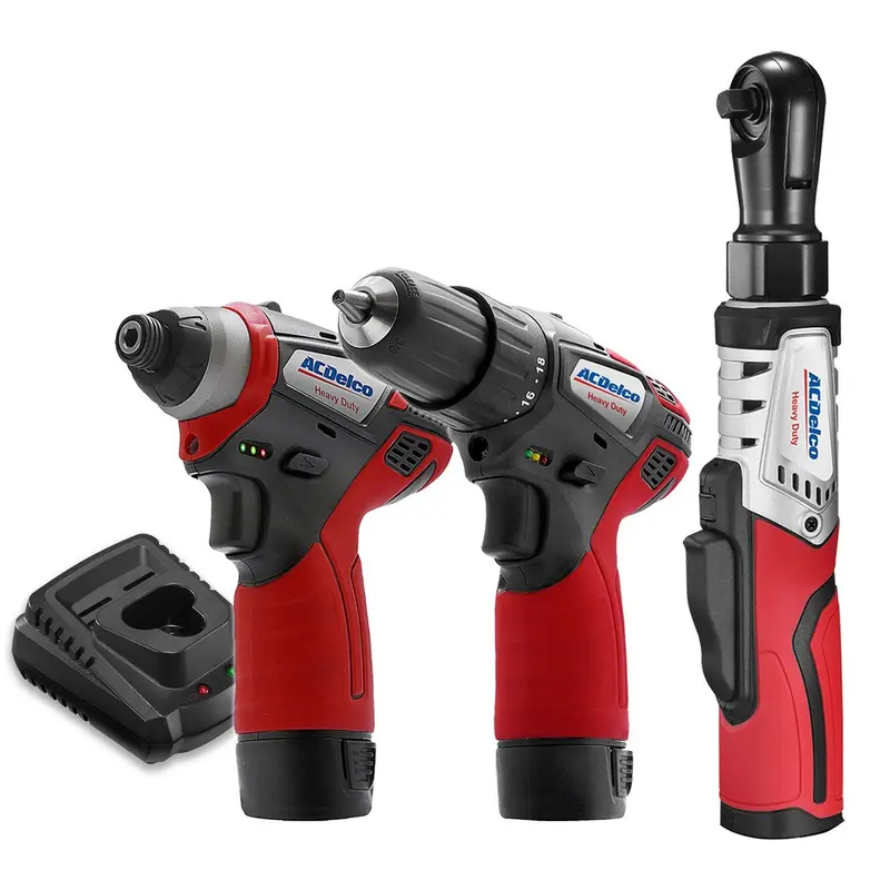 Acdelco G12 12V Triple-Tool Combo Kit – 1/4" Impact Driver, 3/8" Drill Driver, Brushless Ratchet, 2 Batteries 1