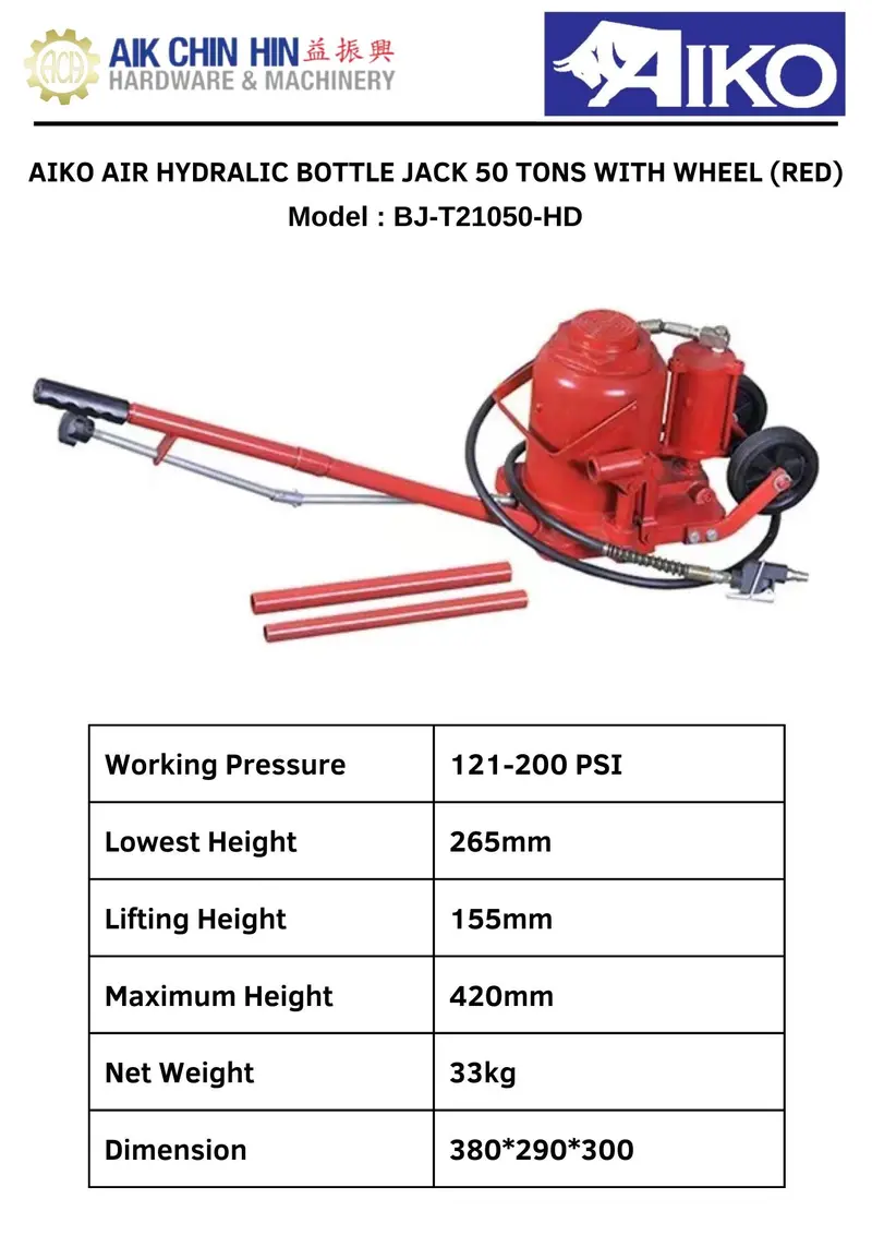 Aiko Bj-T21050-Hd 50-Ton Air-Hydraulic Bottle Jack With Wheels (Red) 1