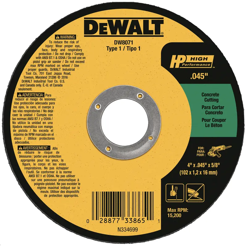 Dewalt 4.5-Inch Concrete Cut-Off Wheel – Type 1, 0.045" Thick, 7/8" Arbor 1