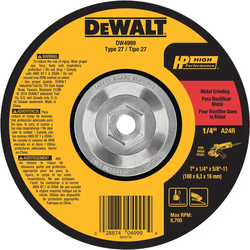 Dewalt 7-Inch Type 27 Hp Grinding Wheel – 1/4" Thickness, 5/8-11 Thread 1