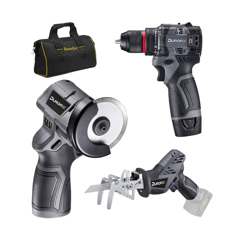 Durofix G12 12V Cordless 3/8-Inch Hammer Drill, Reciprocating Saw, And Cut-Off Tool | All-In-One Portable Power Tool Bundle 1