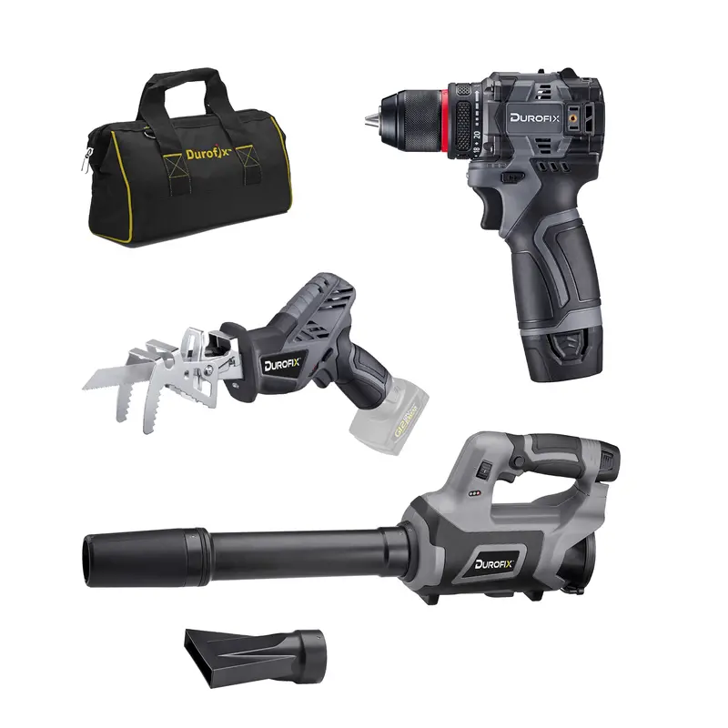 Durofix G12 12V Cordless Hammer Drill, Reciprocating Cutter, And 8-Speed Variable-Air Blower | Versatile 3-In-1 Cordless Kit 1