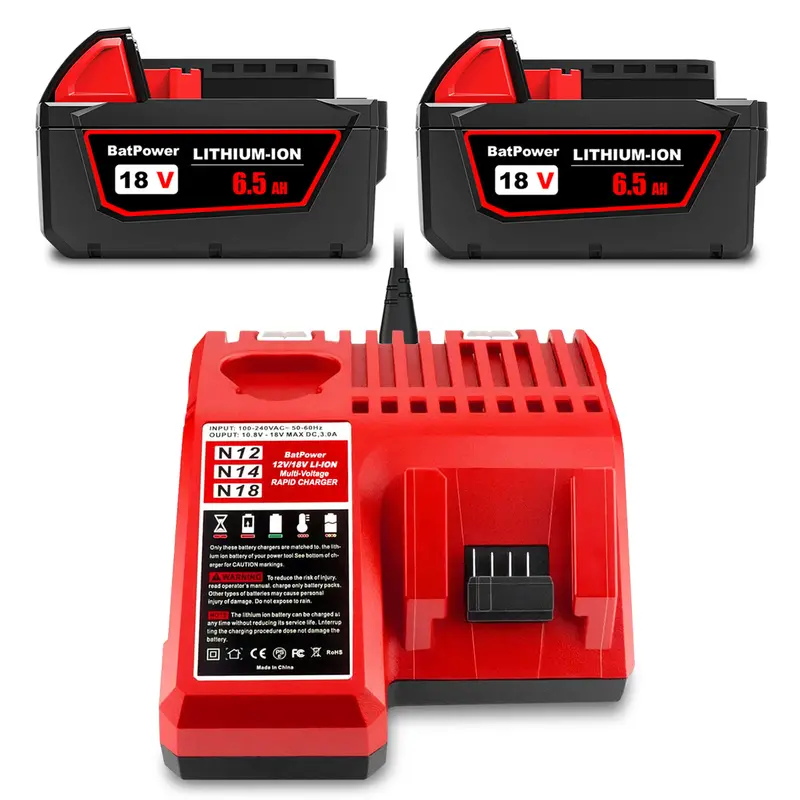 Milwaukee M18 18V 6.5Ah Extended-Capacity Lithium Battery & Charger Bundle – 48-11-1862 Xc Series 2