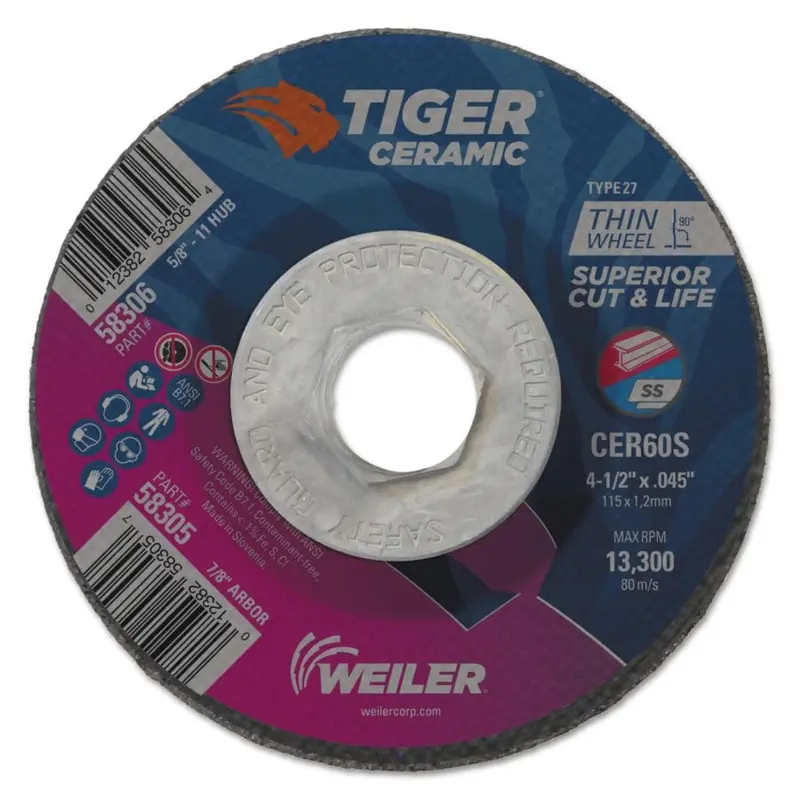 Weiler Tiger Ceramic Alumina Cut-Off Wheel – Type 27, 5/8-11" Arbor, 10-Pack 1