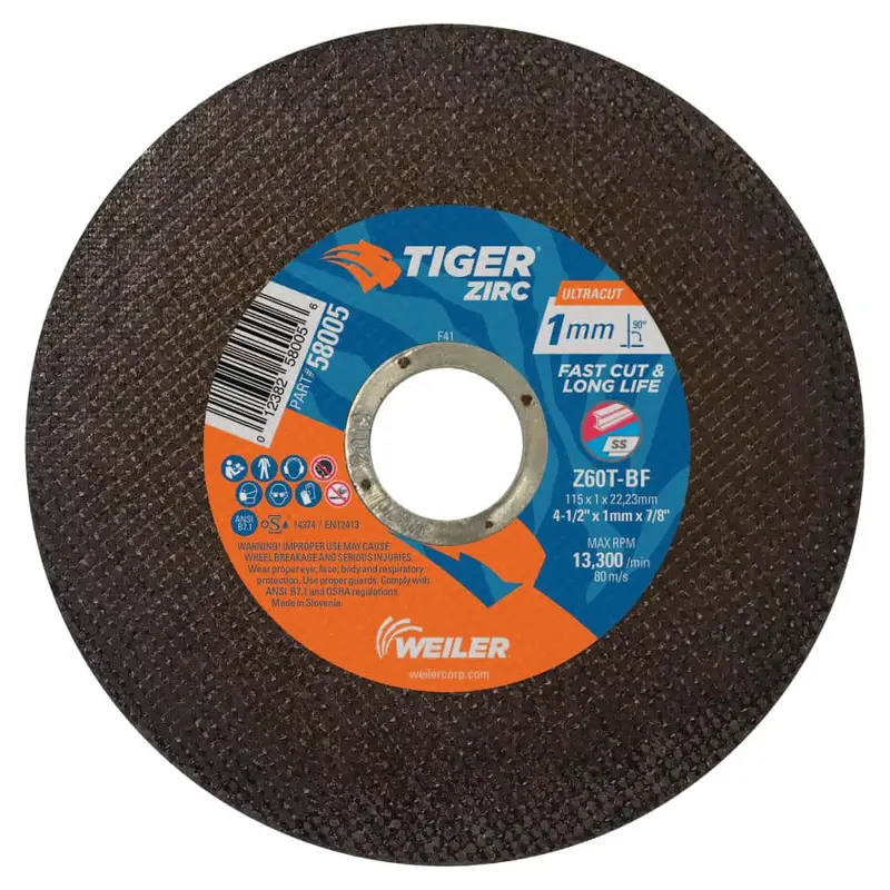 Weiler Tiger Zirconia Ultracut Thin Cutting Wheel – 7/8" Arbor, 50-Pack 1